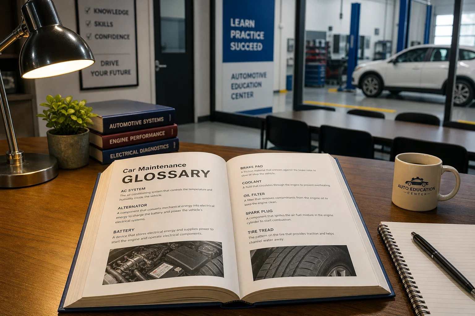 Aufgeschlagenes Fahrzeug-glossar auf einem Tisch mit warmer Leselampe.