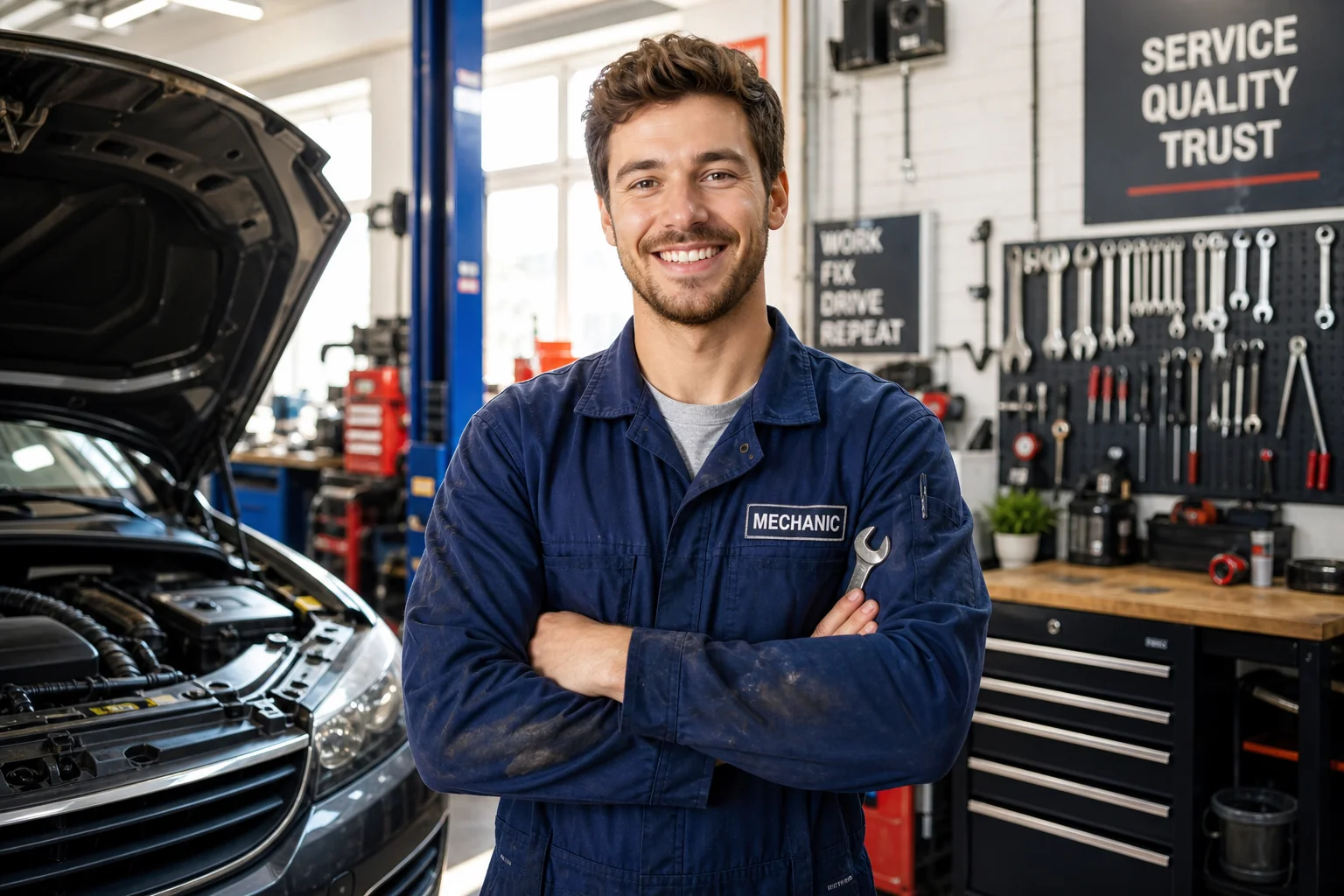 Beraterin erläutert Kapitel einer Serviceunterlage in einem schlichten Schulungsraum mit heller Werkstattumgebung.