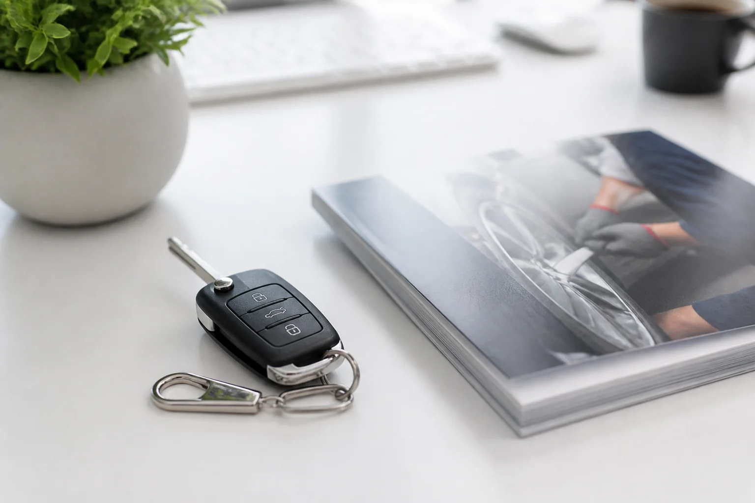 Autoschlüssel und dünne Akte zu Serviceunterlagen auf hellem Schreibtisch.