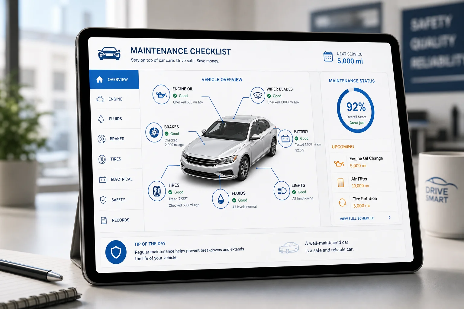 Tablet mit schematischer Übersicht zu Serviceabschnitten und farbigen Markierungen.